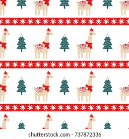 Christmas tree and cute lama with xmas hat seamless pattern. Vector xmas illustration for kids. Sweater style design for fabric, wallpaper, textile, wrapping paper and decor.