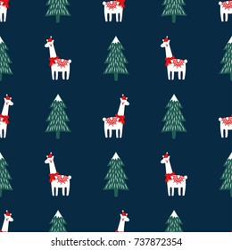 Christmas tree and cute lama with xmas hat seamless pattern on dark blue background. Vector xmas illustration for kids. Design for fabric, wallpaper, textile, wrapping paper and decor.