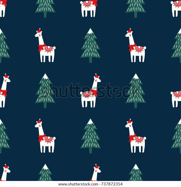 Sfondi Natalizi Bambini.Immagine Vettoriale Stock 737872354 A Tema Albero Di Natale E Simpatico Lama Royalty Free