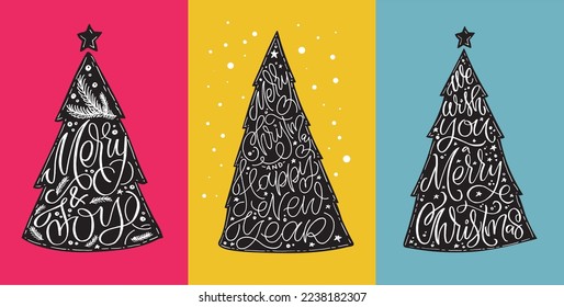 Christmas tree cute postcard. Merry Christmas and happy new year - cute postcard. Lettering label for poster, banner, web, sale, t-shirt design. New year holiday greeting card.