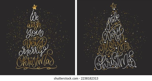Christmas tree cute postcard. Merry Christmas and happy new year - cute postcard. Lettering label for poster, banner, web, sale, t-shirt design. New year holiday greeting card.