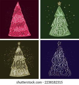 Christmas tree cute postcard. Merry Christmas and happy new year - cute postcard. Lettering label for poster, banner, web, sale, t-shirt design. New year holiday greeting card.