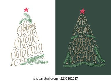 Christmas tree cute postcard. Merry Christmas and happy new year - cute postcard. Lettering label for poster, banner, web, sale, t-shirt design. New year holiday greeting card.