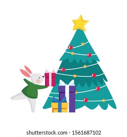 christmas tree and cute rabbit with gift boxes over white background, vector illustration