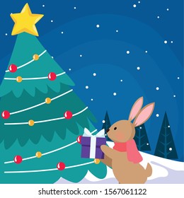 christmas tree with cute rabbit and gift box over snowy night background, colorful design , vector illustration