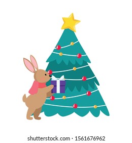 christmas tree and cute rabbit holding a gift box over white background, vector illustration