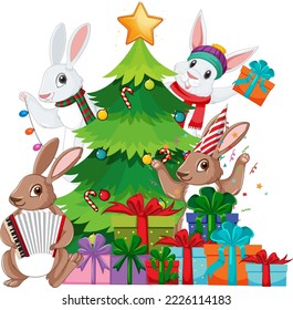 Christmas tree with cute rabbit illustration