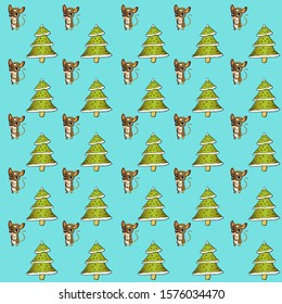 christmas tree and cute rat seamless pattern vector  on blue background.