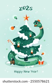 Christmas tree with cute wooden snake 2025. Symbol of Chinese or Russian New Year. Vector greeting card. Snowy baby mascot. 