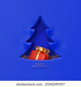 Christmas tree cutout with blue paper background with realistic 3d red gift box and gold bow. Festive and Happy New Year minimalist design. vector illustration