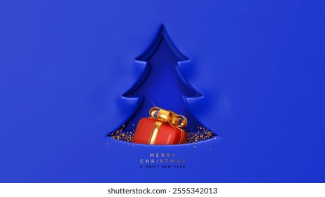 Christmas tree cutout with blue paper background with realistic 3d red gift box and gold bow. Festive and Happy New Year minimalist design. vector illustration