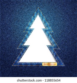 A Christmas tree cutout on denim background with space for text. EPS10 vector format.