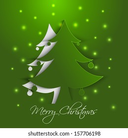 Christmas tree cutting paper with lights effect greeting card