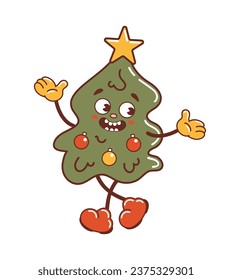 The Christmas tree is dancing and laughing. Cute character in old retro cartoon style. Christmas balls, star. Vintage holiday illustration for sticker, poster, design elements