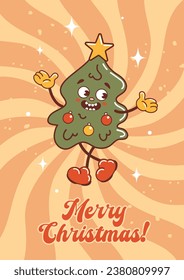 The Christmas tree is dancing and laughing. Cute character in old retro cartoon style. Christmas balls, star. Vintage holiday illustration for sticker, poster, design elements