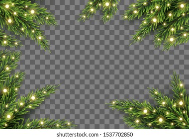 Christmas tree decor with fir branches and lights on transparent background, vector illustration