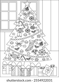 Christmas tree decor in house coloring page art line vector