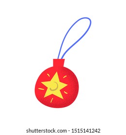Christmas tree decor - red ball with yellow star, vector illustration on white background. Christmas bauble. Xmas sticker. Winter holiday greeting card design element. New Year clipart