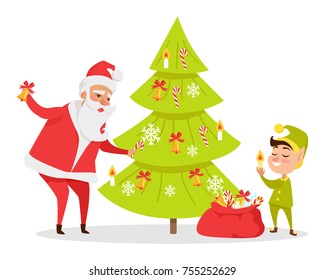 Christmas tree decor web banner. Vector illustration of Santa Claus and gnome decorating bog Christmas tree with sweet candies, toy candles and white snowflakes in cartoon style holiday concept