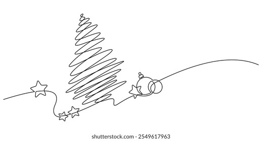 christmas tree decorate star and baubles one line drawing hand drawn minimalism thin line illustration continuity