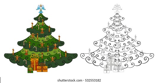 Christmas tree decorated with angel, candles, candy canes, gifts set. Abstract vector isolated illustration. Hand-drawn collection. Black and multicolored objects. Adult coloring book. Eps 8.