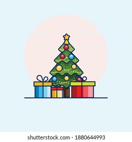 Christmas tree decorated with the ball and bulb chain with gift boxes under the tree. flat style pine vector illustration isolated with blue background