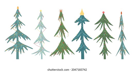 Christmas tree decorated with balloons, bells, garlands and bows. Hand drawn style. Vector illustration
