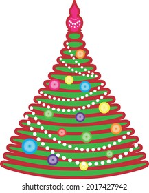 a Christmas tree decorated with balloons and garlands. colorful isolated drawing in the art style. sticker, map, poster, template. a decorative element.