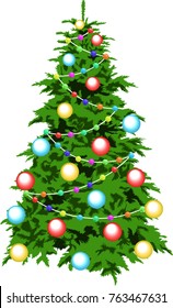 Christmas tree is decorated with balls