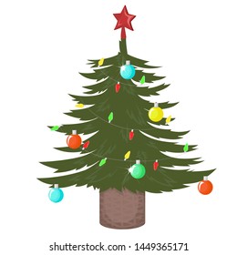 Christmas tree decorated with balls and a garland. Vector illustration isolated on white background.