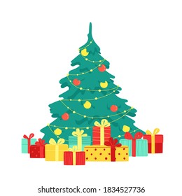 Christmas tree decorated with balls and garland. Lots of gift boxes with ribbons at the bottom. Christmas and Happy New Year greeting card, banner, invitation, postcard. Isolated vector illustration