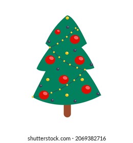  Christmas tree is decorated with balls and garlands. Vector illustration in flat cartoon style.
