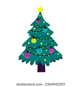 Christmas tree decorated with balls, garlands and star. Merry Christmas and Happy New Year holidays. Vector flat illustration.