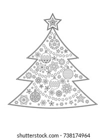 Christmas tree decorated with balls, garlands, stars isolated on white background. Antistress coloring book / page for adults. Zen monochrome graphic. Editable vector illustration