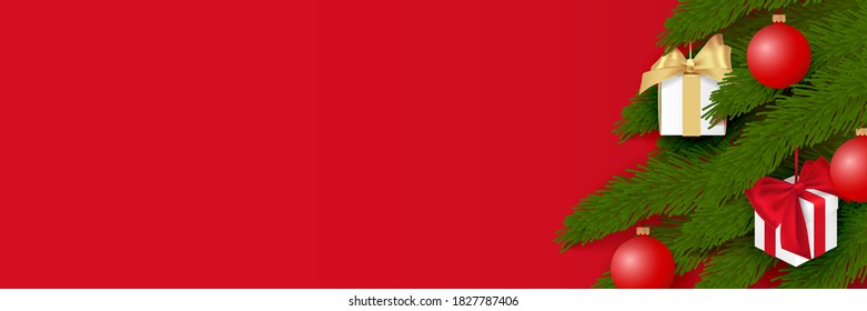 Árbol de Navidad decorado con bolas y cajas de regalo. Objeto vectorial aislado sobre fondo rojo