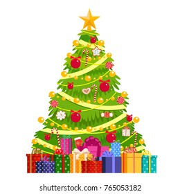 Christmas tree decorated with balls, gingerbread, garlands. Under the Christmas tree is a mountain of gifts. Isolated, vector object on white background.