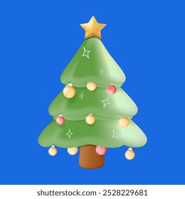 Árbol de Navidad decorado con bolas, ilustración en estilo 3D. Árbol de pino elegante festivo Festiva Decoración, abeto. Árbol de Navidad Objeto 3d realista en estilo de dibujos animados. Ilustración vectorial