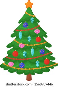Christmas tree decorated with Christmas balls. Merry Christmas concept. Vector isolated.