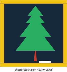 Christmas tree decorated with balls on black school chalkboard background