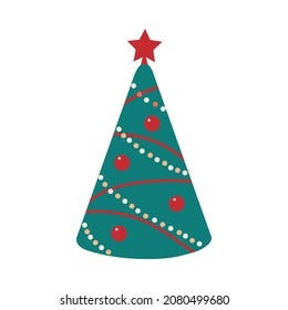 Christmas tree decorated with balls and star in cartoon style for postcards, banner, poster