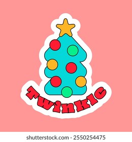 Christmas tree decorated with balls, star and twinkle inscription. New Year velcro for decorating gift or card in style of 2000. Cartoon Y2K retro sticker on pink background