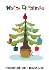 Christmas tree decorated with balls. Vector Christmas card template for your design