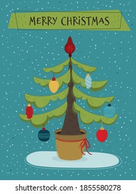 Árbol de Navidad decorado con bolas. Plantilla de tarjeta de navidad vectorial para su diseño