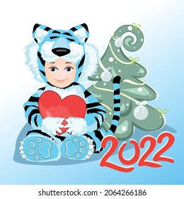 Christmas tree decorated with balls. Year of Blue Tiger. Gift in hands of baby. Children's photo frame. Cute baby in fancy clothes. Carnival costume. Postcard with child's face. New Year 2022. Vector.