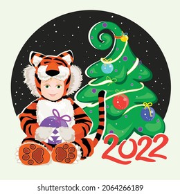 Christmas tree decorated with balls. Year of Blue Tiger. Gift in hands of baby. Children's photo frame. Cute baby in fancy clothes. Carnival costume. Postcard with child's face. New Year 2022. Vector.