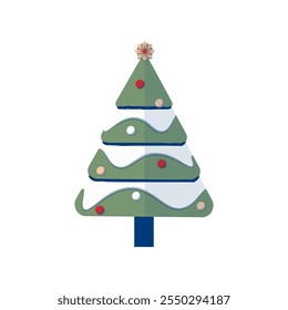 Christmas tree decorated with baubles and covered with snow. Modern geometric Christmas flat design. Holiday theme clip art.