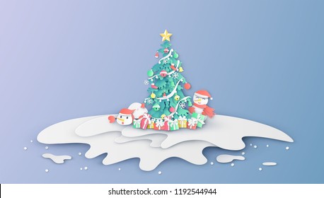 Christmas tree decorated with beautiful star, gift, lamps, ball, bell, sock, snow and ribbon on the snow pile. Christmas greeting card. paper cut and craft design. vector, illustration.