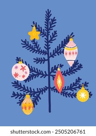 Christmas tree decorated with big ornament balls, blue doodle pine silhouette, festive greeting card template.