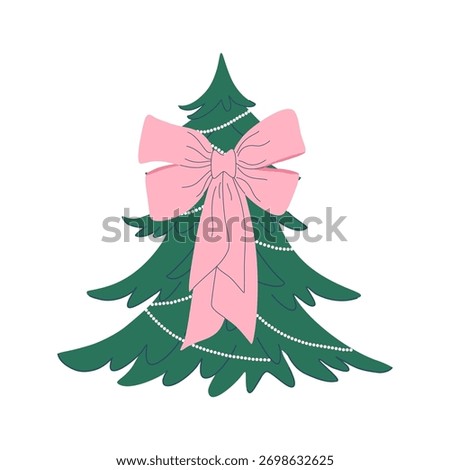 Christmas tree decorated with big pink bow. Holiday coniferous tree isolated on white background. Festive Winter design element. Traditional symbol. Flat design vector illustration.