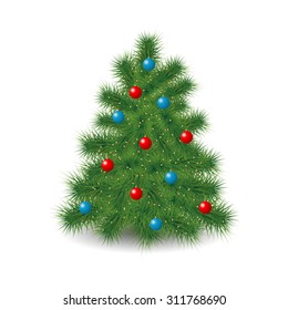 Christmas tree decorated with bows and lights. Vector illustration